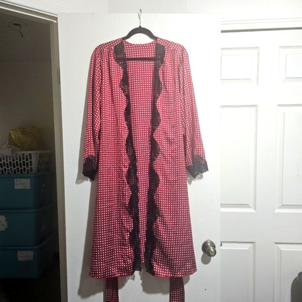 Frederick's of Hollywood Women's Polka Dot Satin and Lace Robe Red and White  XL - Picture 2 of 8